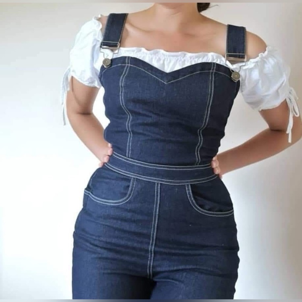 Collectif Dark Blue Denim Fitted Jeans Overalls
